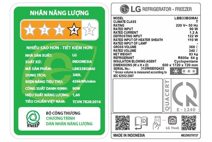 Tủ lạnh LG Inverter 340 lít InstaView LBB33BGMAI